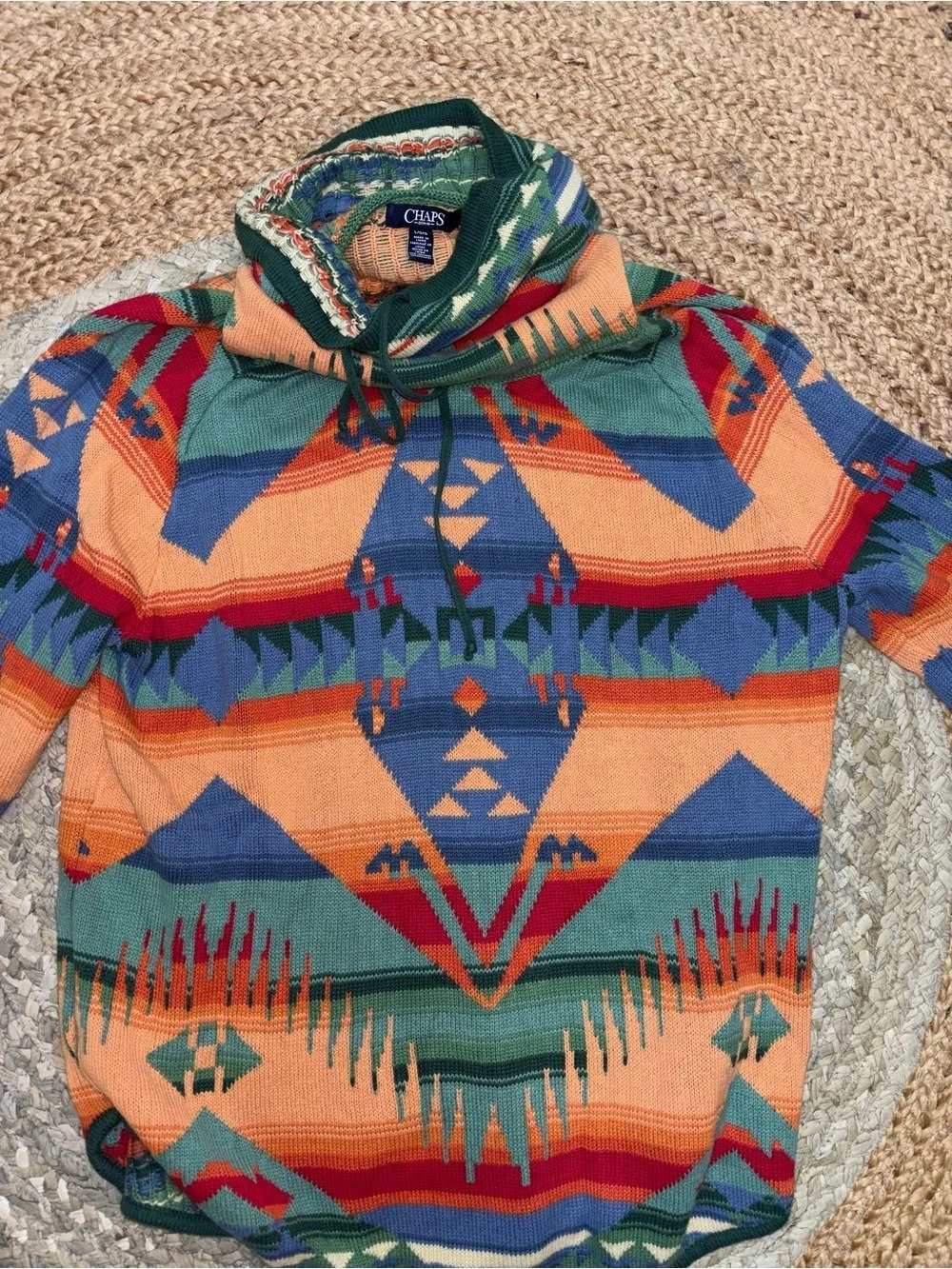 Chaps Geometric Cowl Neck Sweater Orange Green Southwestern Womens Large